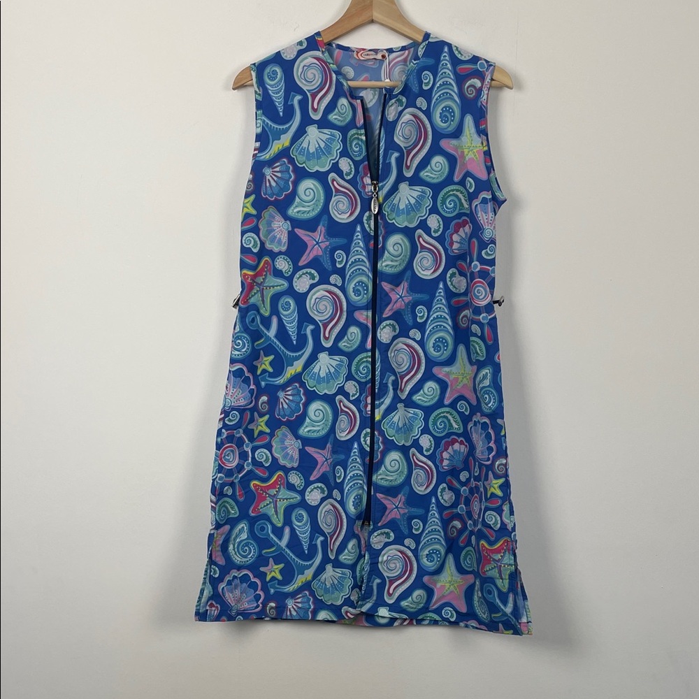 Women's L Blue Seashell Full Zip Sleeveless Drawstring Waist Swim Coverup Dress - Picture 2 of 10